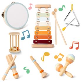 8Pcs Toddler Musical Toys Wooden Montessori Musical Instruments with Xylophone Tambourine Maracas for Boys Girls Aged 3 4 5 Years Old