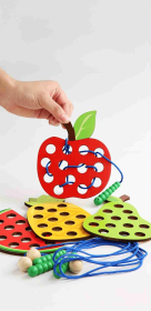 Wooden Lacing Toy,Educational Threading Activity Puzzles,Learning Fine Motor Skill Travel Toy,Wooden Fruit Threading Set for Toddlers Kids