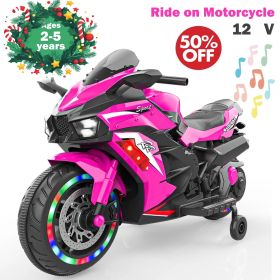 12V Kids Ride on Motorcycle, Battery Powered Electric Motorcycle for Kids, Ride on Toy with LED Light Wheels, MP3, Bluetooth, two wheels,Pink