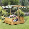 Outsunny Wooden Kids Sandbox with Cover, Children Outdoor Sand Box with Foldable Bench Seats, Adjustable Canopy, Bottom Liner for Outdoor, Brown