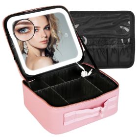 Travel Makeup Bag with LED Mirror Makeup Case Organizer with 3 Light Colors Adjustable Dividers Brush Holder Magnifying Mirror Dimmable USB Rechargeab (option: S Pink)