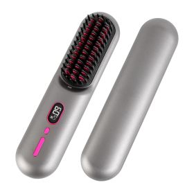 Cordless Negative Ion Hair Straightener Brush Rechargeable Mini Styling Comb with 12 Heating Levels Anti-scald 30S Preheating 30Mins Auto Sleep LCD Di (option: Grey)