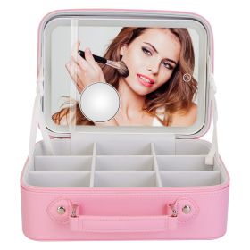 Travel Makeup Bag With 3 Light Colors Dimmable Brightness LED Mirror Detachable 10X Magnifying Mirror Adjustable Dividers Portable Waterproof Cosmetic (option: Pink)