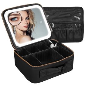 Travel Makeup Bag with LED Mirror Makeup Case Organizer with 3 Light Colors Adjustable Dividers Brush Holder Magnifying Mirror Dimmable USB Rechargeab (option: S Black)