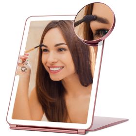 Folding Travel Makeup Mirror With 10X Magnifying Mirror 3 Color LED Lights Dimmable Brightness Rechargeable Battery Tabletop Portable Cosmetic Mirror (option: L)