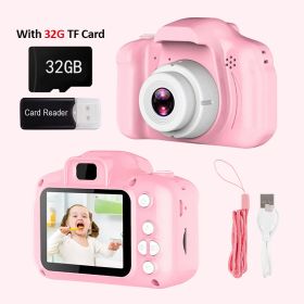 Mini Cartoon Kids Photo Camera 2 Inch HD Screen Children Digital Camera Video Recorder Camcorder Toys For Child Birthday Gift (Ships From: China, Color: Pink with 32G Card)