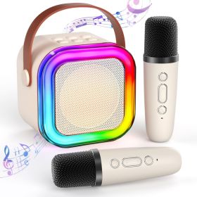 Bluetooth Karaoke Machine for Kids Adults, Portable Mini Karaoke Speaker with 2 Wireless Mic, LED Light Music Toys for Christmas Gift (Color: Beige)