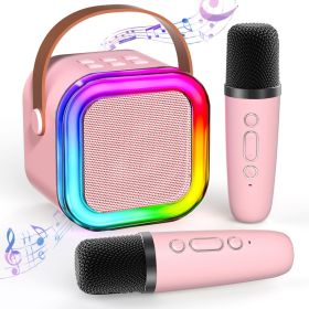 Bluetooth Karaoke Machine for Kids Adults, Portable Mini Karaoke Speaker with 2 Wireless Mic, LED Light Music Toys for Christmas Gift (Color: Pink)