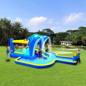 6 in1 Inflatable slide water park trampoline bouncing house outdoor garden with Dolphin sprinkler & Target games & Water gun & Basketball (Color: as Pic)