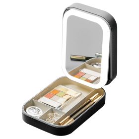 Portable Travel Makeup Bag With LED Mirror Rechargeable Beauty Mirror With 3 Color Light Dimmable Brightness Waterproof Cosmetic Bag With 4 Compartmen (option: Black)